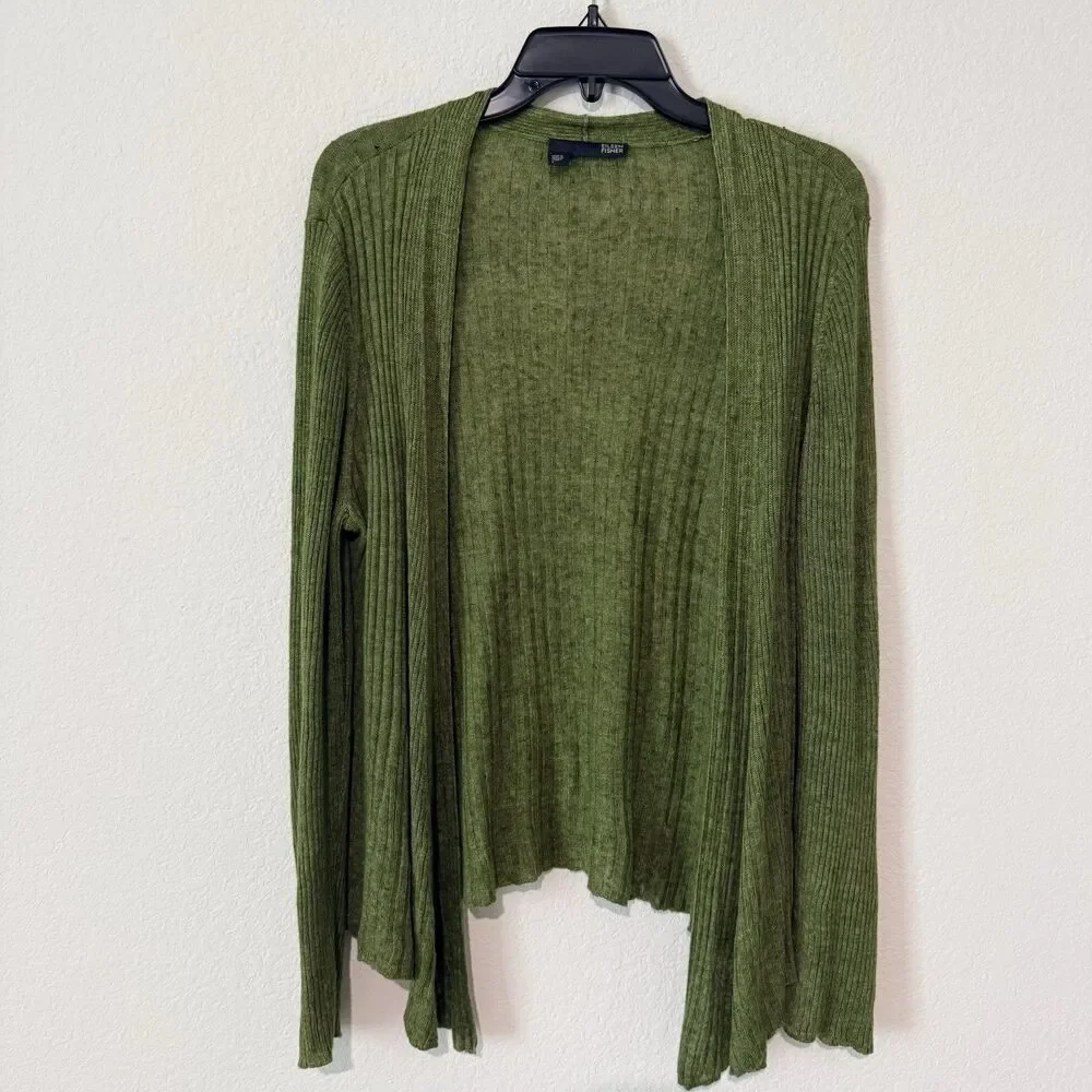 Eileen Fisher Cardigan Womens Size Large Green Linen Open Front - Picture 1 of 7